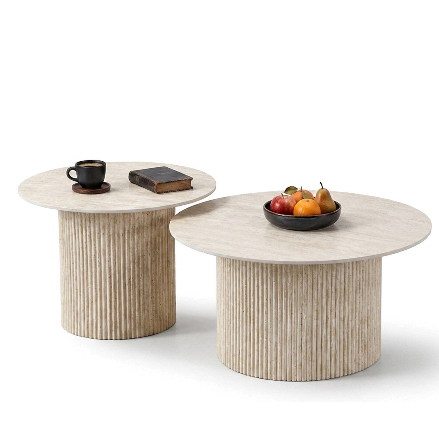 HOOZ Couchtisch Wohnzimmertisch Keramik rund 2er Set Trommel Traventin Optik 80 & 60cm (Set, 2-St., 2× Satztisch), Sofatisch mit geriffeltem Gestell – stabil & pflegeleicht