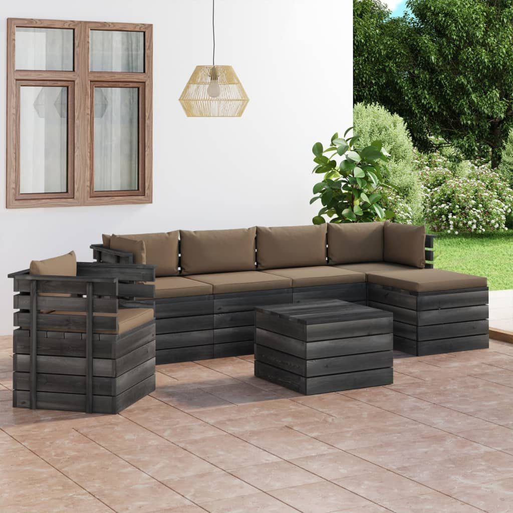 vidaXL Gartenlounge-Set 7-tlg. Garten-Sofagarnitur aus Taupe (7-tlg) Paletten Kiefernholz, Kissen mit