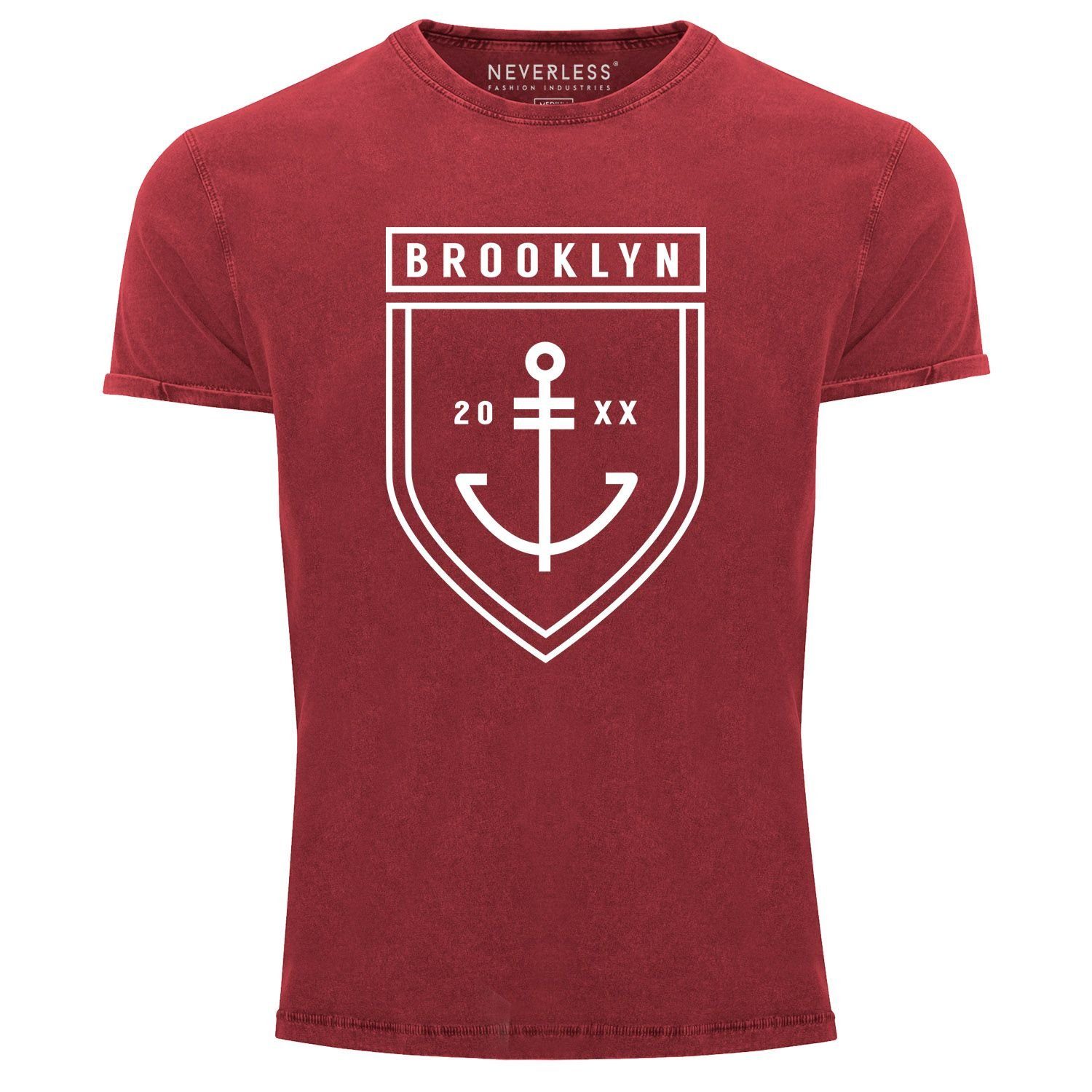 Neverless Print-Shirt Cooles Angesagtes Herren T-Shirt Vintage Shirt Brooklyn Anker Aufdruck Used Look Slim Fit Neverless® mit Print rot