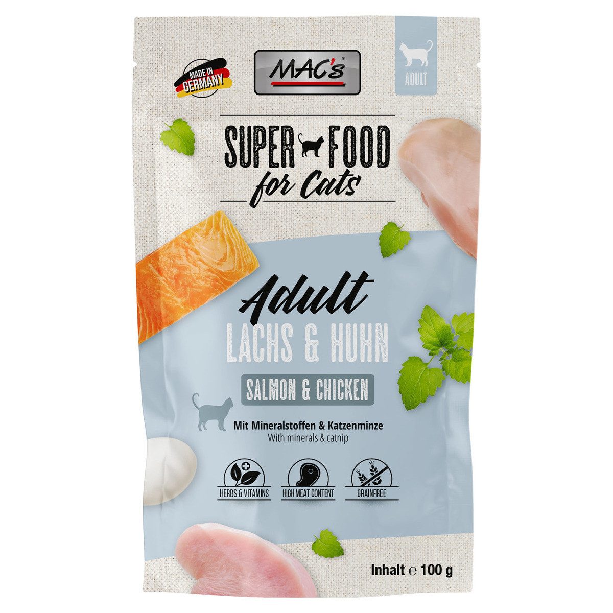 MAC'S Adult Lachs & Huhn 100 g - 12 Stück, Nassfutter für: Katze