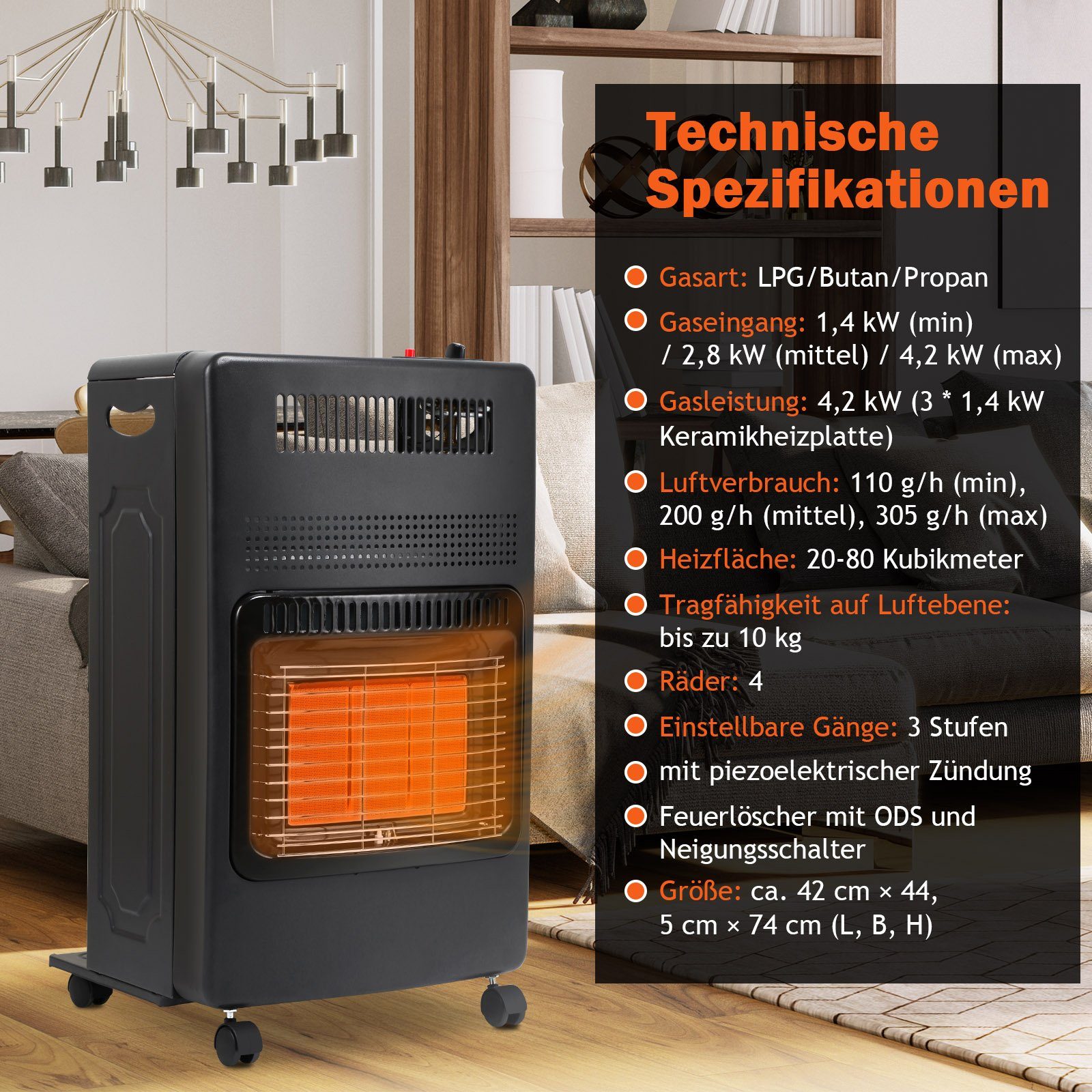 W Gasheizer Gasschlauch Gasdruckregler 4.2KW inkl 4200 Heizgerät Lospitch Schutzhülle, Keramik