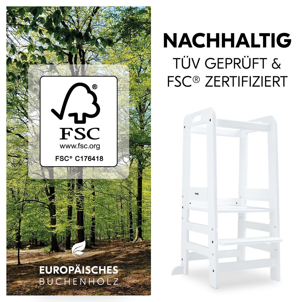 Hauck Hochstuhl Learn N Explore - White, Kinder Lernturm Kinderstuhl für Küche ab 1 Jahre bis 40 kg Mitwachsend