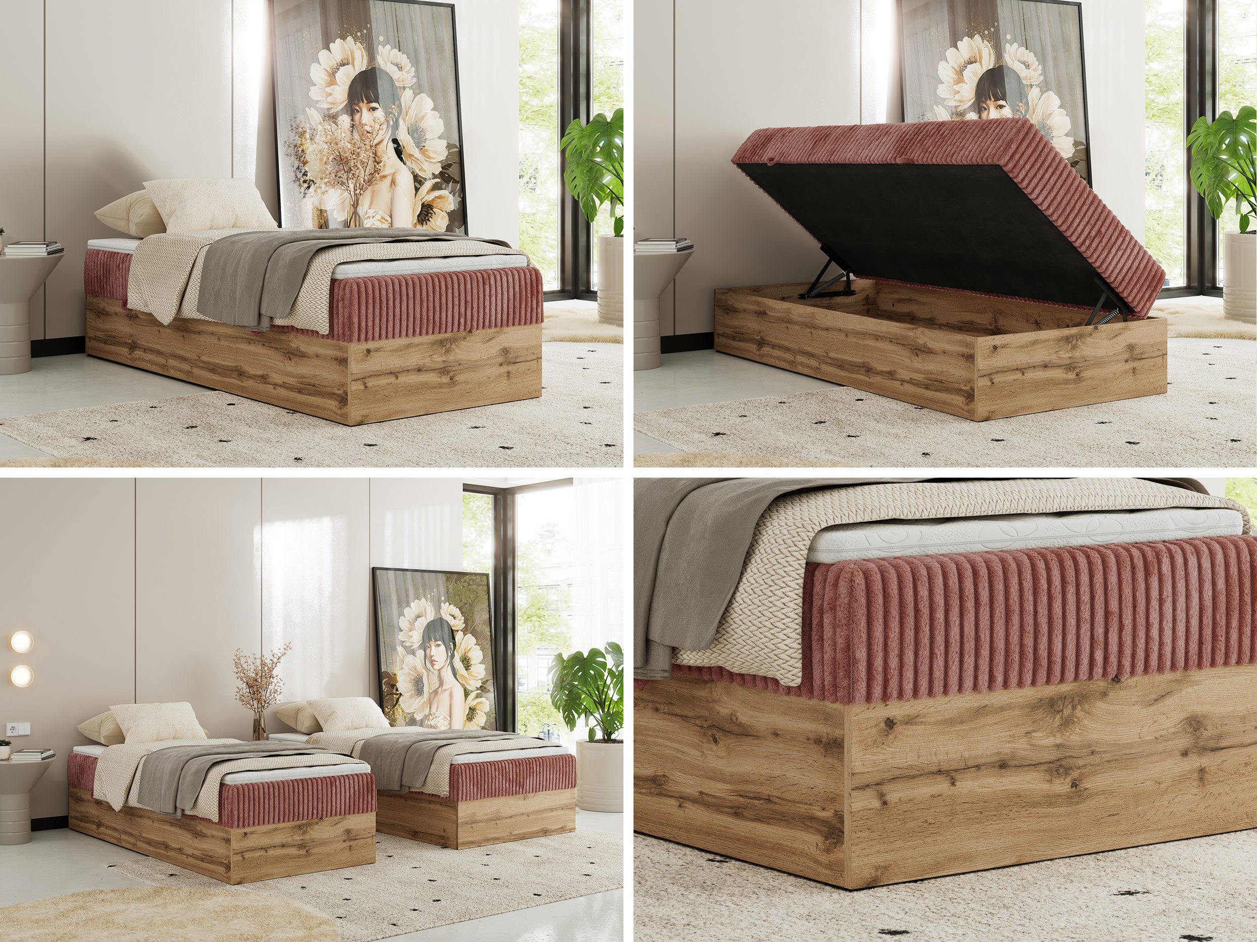 MKS MÖBEL Boxspringbett WOOD ZERO 90 (Set, Bett, Hotelbett, ohne Kopfteil, Topper T25 oder Visco), Polsterbett, Bettkasten, Öffnung, Härtegrad H3/H4