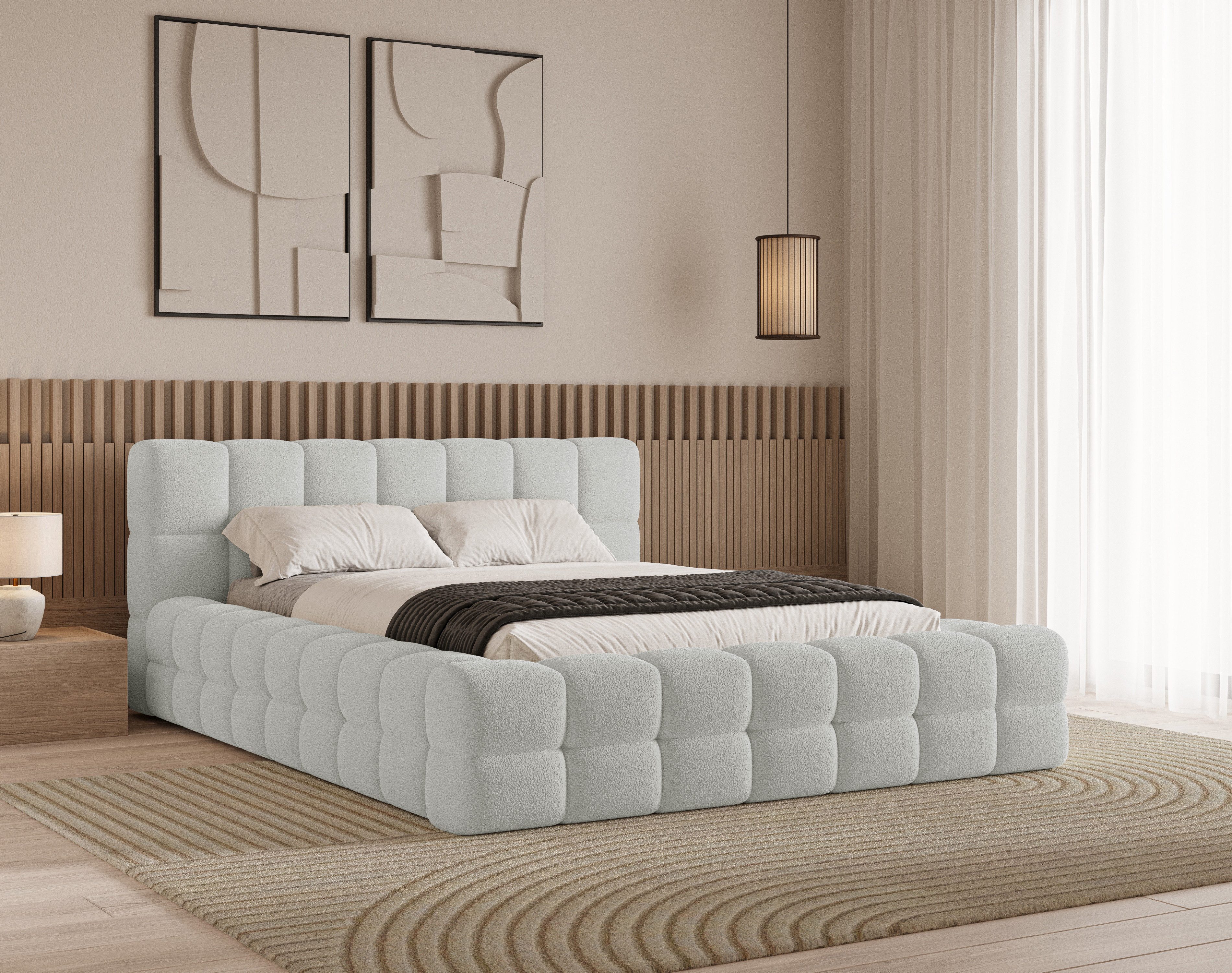 Chilly Möbel Polsterbett Verona Weiß Bouclé Stoff 200x200 cm mit Stauraum Q günstig online kaufen