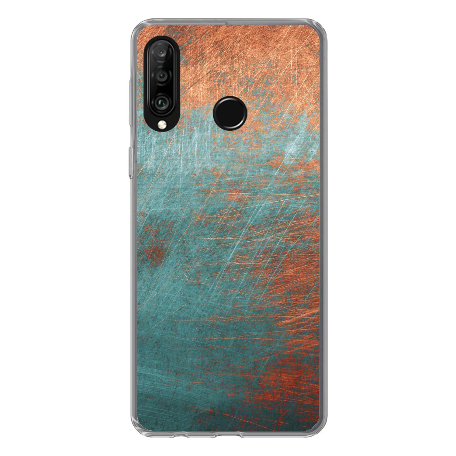 MuchoWow Handyhülle für Huawei P30 Lite Metall - Rost - Bronze - Blau - Abstrakt - Struktu, Handy Case, Silikon, Bumper Case Dünn