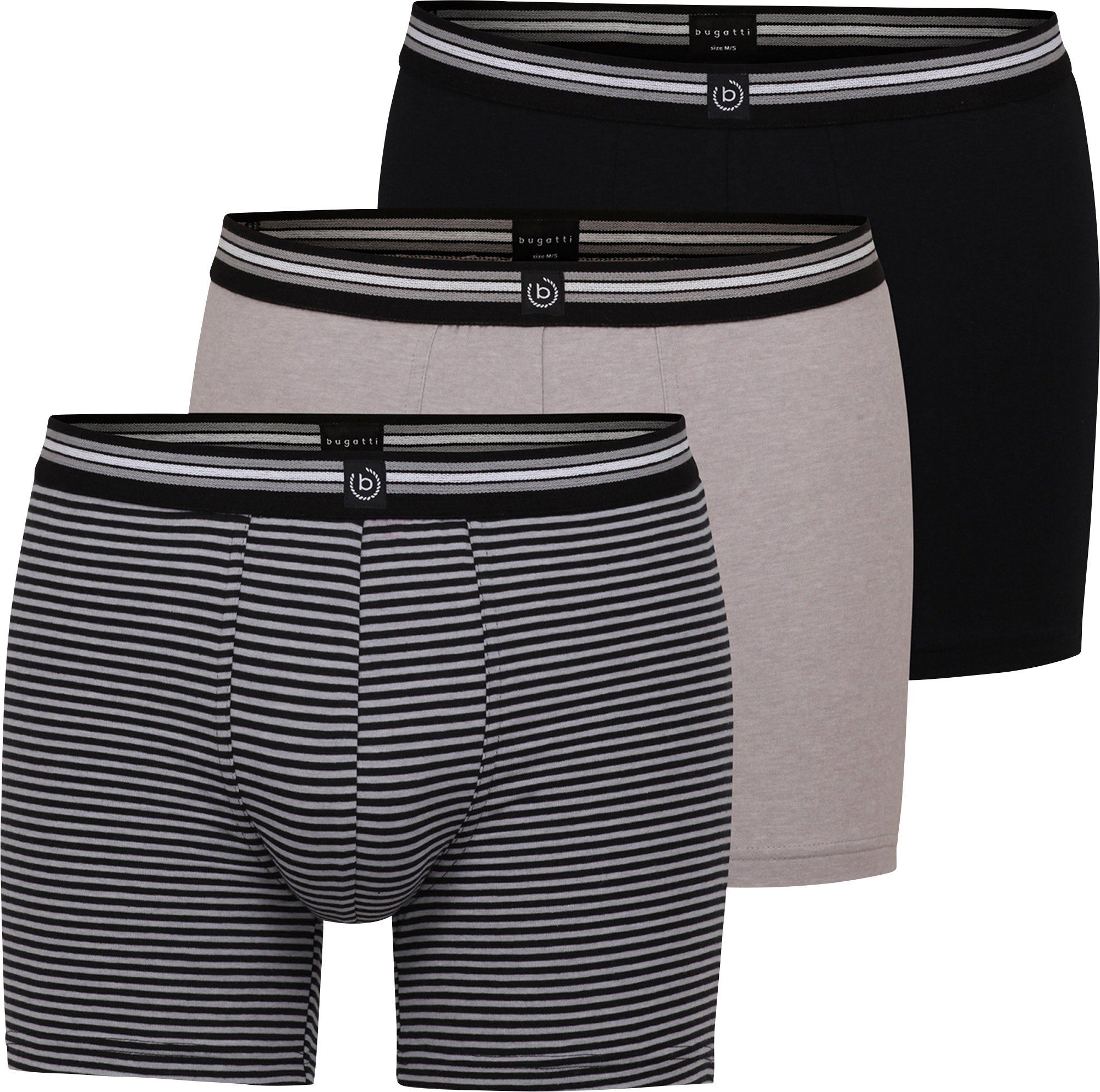 meliert, schwarz Single-Jersey bugatti grau 3er-Pack 1x grau meliert/schwarz/geringelt Uni: Herren-Long-Pants 1x Slip