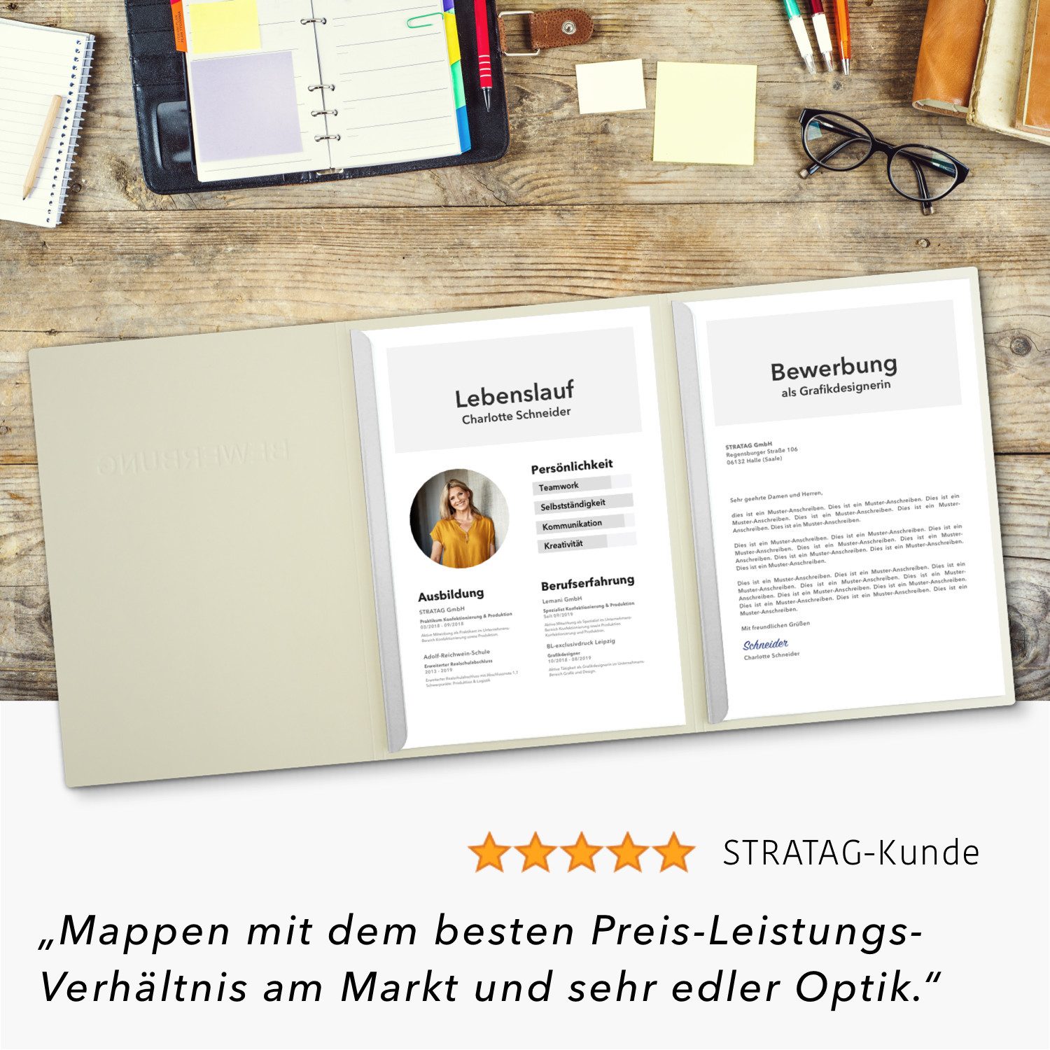 STRATAG Bewerbungsmappe in feinster Lederstruktur - 10 Stück 3-teilig mit 2 Klemmschienen (Set, 10-St., mit hochwertiger Relief-Prägung BEWERBUNG), direkt vom H – Bild 5 von 5