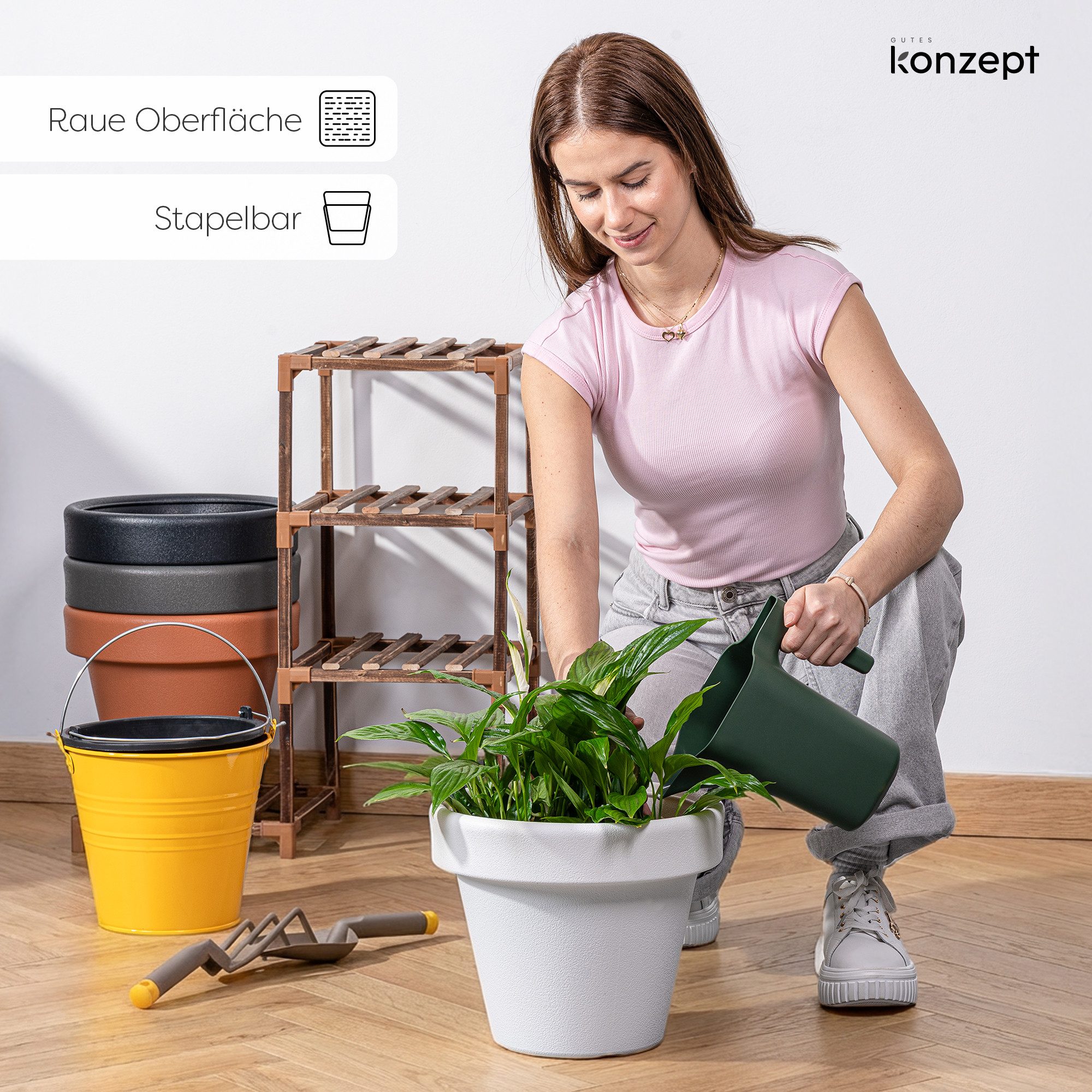 KONZEPT Übertopf aus Kunststoff in Steinoptik, Ø 30 cm, 8,5 L, Stein-Optik, Konische Form, Geprägtem Rand, 8,5 L
