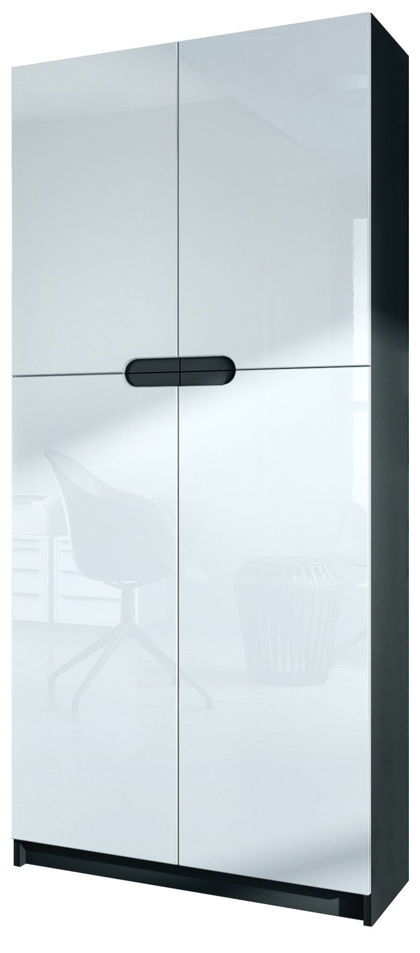 Vladon Aktenschrank Logan (Aktenschrank, mit 5 Fächern und 4 Türen) Schwarz matt/Weiß Hochglanz (82 x 185 x 37 cm) Fronten in Weiß Hochglanz | Aktenschränke