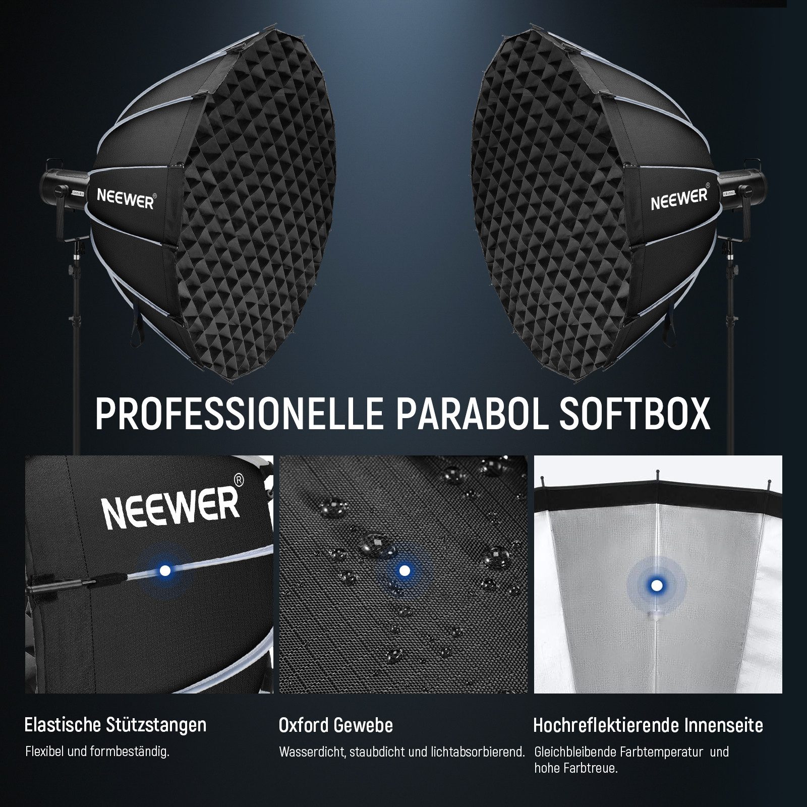 Neewer Softbox NS73P 120cm Parabol Softbox Kit mit Lichtdiffusoren, Bowens Halterung, für Studio Fotografie, kompatibel mit Aputure 120d & Godox SL60w
