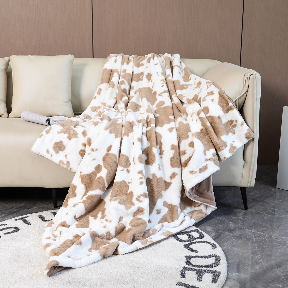 Wohndecke Zottelige flauschige Decke, weicher Überwurf über dem Sofa, Sunicol, kuscheliges Fleece, 130 x 160 cm Kuh-Khaki
