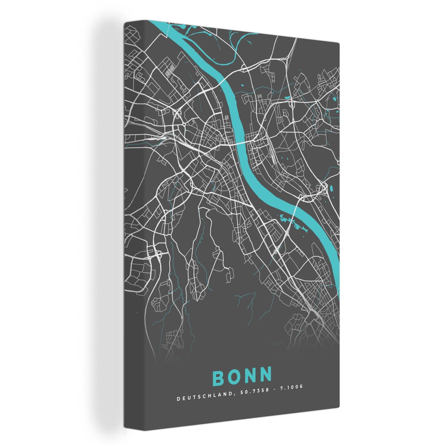 OneMillionCanvasses® Leinwandbild Stadtplan - Bonn - Deutschland - Karte, (1 St), Leinwandbild fertig bespannt inkl. Zackenaufhänger, Gemälde, 20x30 cm