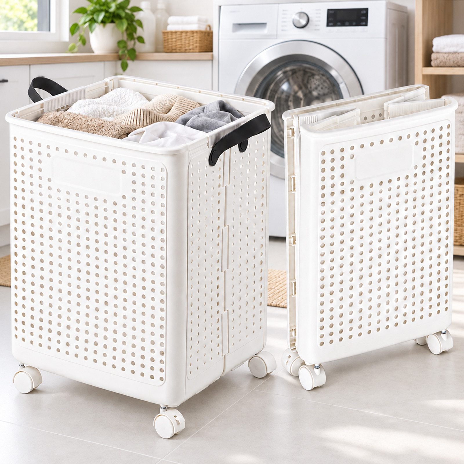 Yorbay Wäschekorb 60L Faltbar Wasserbeständig Mit Rollen Platzsparend, 60L Wäschesammler für Kleidung, Spielzeug, für Badezimmer, weiß
