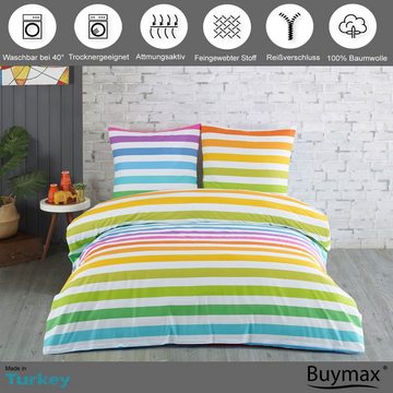 Bettwäsche Regenbogen, Rainbow, Buymax, 100% Baumwolle Renforce, 2 teilig, 135x200 cm, mit Reißverschluss, Gestreift, Streifen Bunt Rot Weiß Grau
