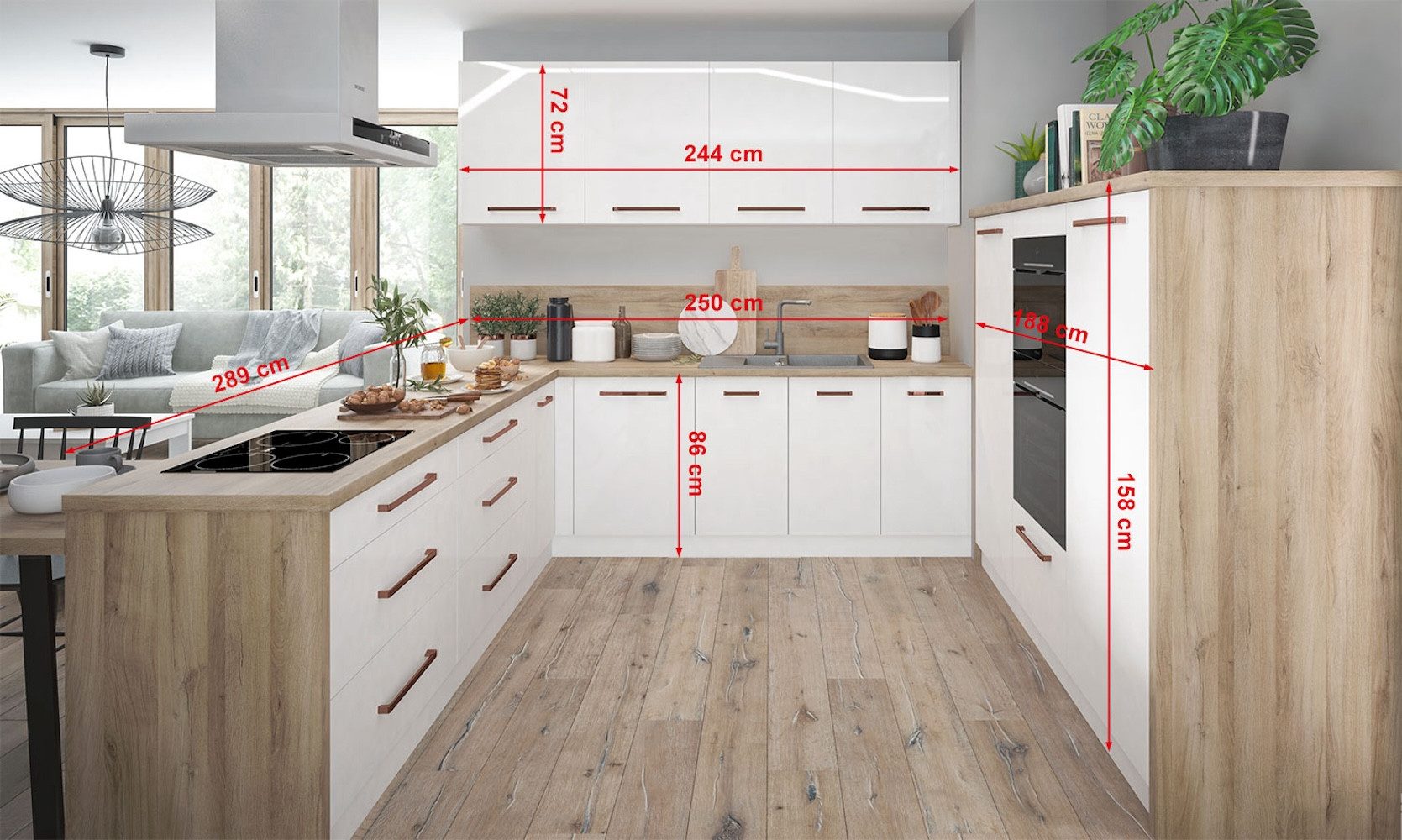 Feldmann-Wohnen Winkelküche Essen, (Teilauszug und Selbsteinzug mit Soft-Close-Funktion (Blum Metabox), 289x250cm weiß / weiß Hochglanz, U-Form mit 188cm Küchenblock