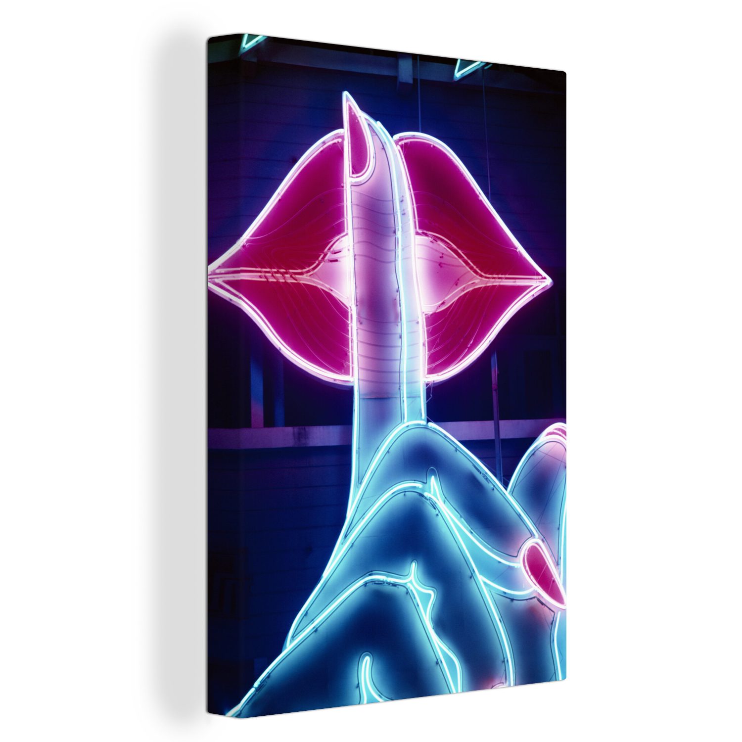 OneMillionCanvasses® Leinwandbild Neonzeichen eines Fingers an den Lippen, (1 St), Leinwandbild fertig bespannt inkl. Zackenaufhänger, Gemälde, 20x30 cm