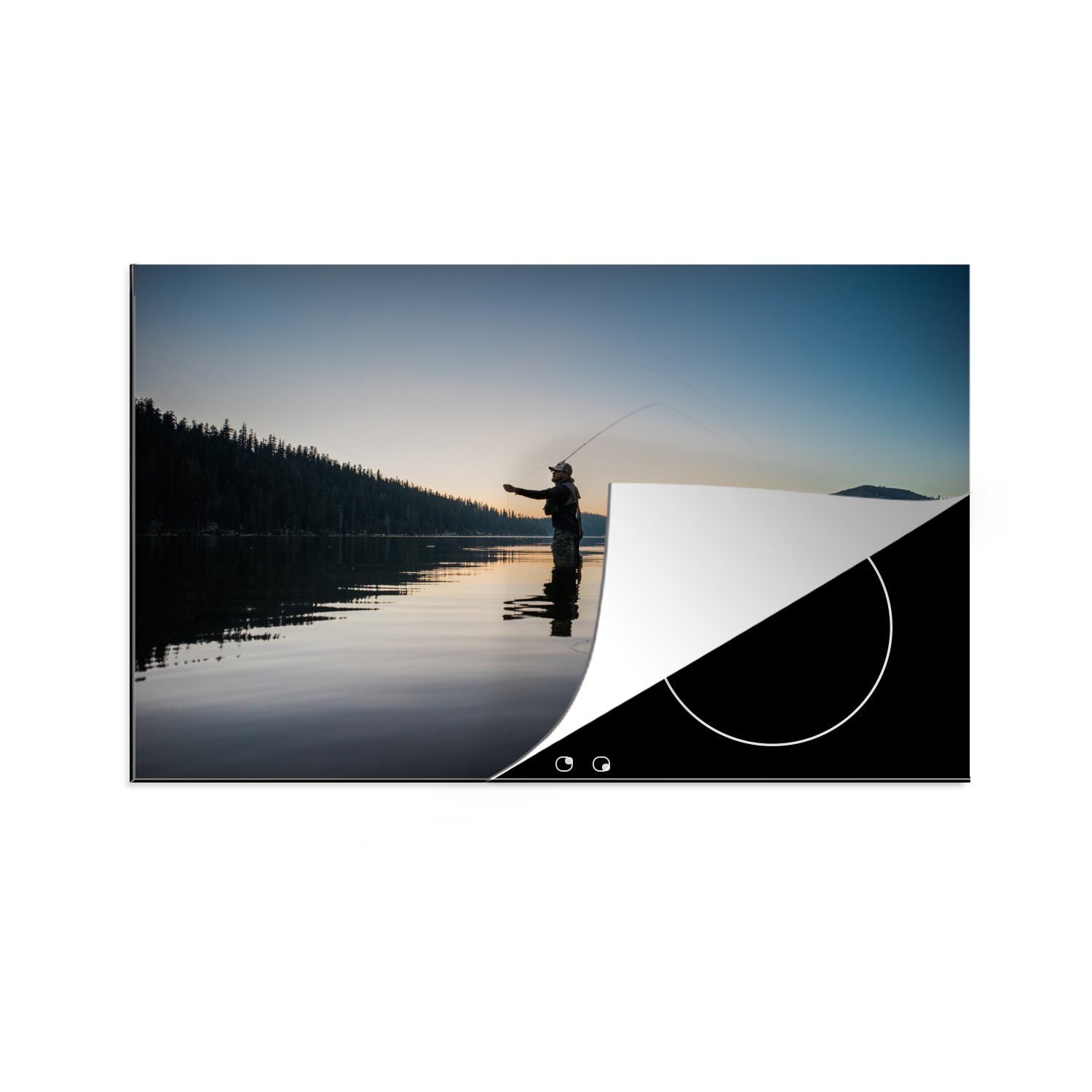 MuchoWow Herdblende-/Abdeckplatte Fliegenfischer am Lake Tahoe bei Sonnenaufgang, Vinyl, (1 tlg), 81x52 cm, Induktionskochfeld Schutz für die küche, Ceranfeldabdeckung