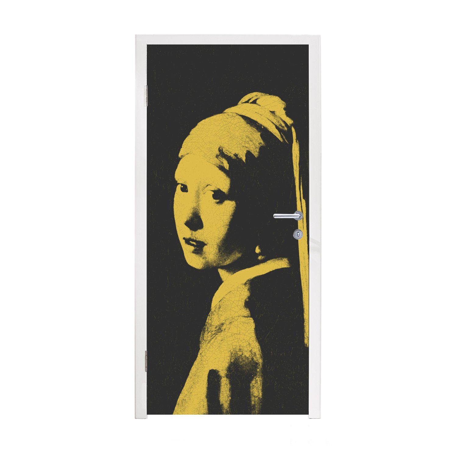 Perlenohrring Tür, für Matt, St), Schwarz Fototapete - Türtapete Gelb, cm - (1 75x205 - Türaufkleber, bedruckt, mit Vermeer Mädchen MuchoWow