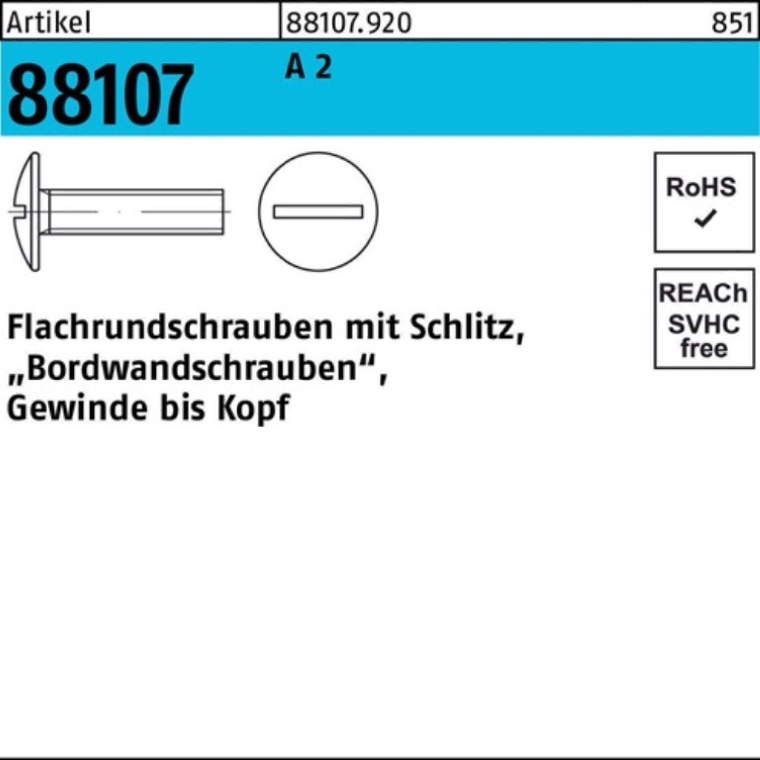 Reyher Schraube 100er Flachrundschraube Stück Pack 2 M8x 88107 Schlitz R 60 A VG 100