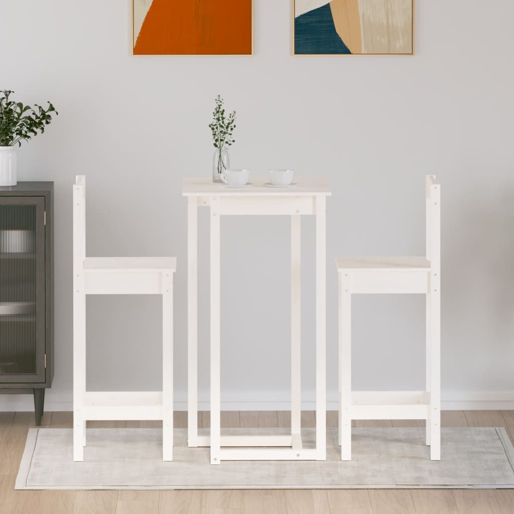 furnicato Bargruppe Weißes Bar-Set aus massivem Kiefernholz, Bartisch 60x60x110 cm, (1-tlg), Stabile Sitzgruppe mit zwei Barstühlen und hoher Tragfähigkeit