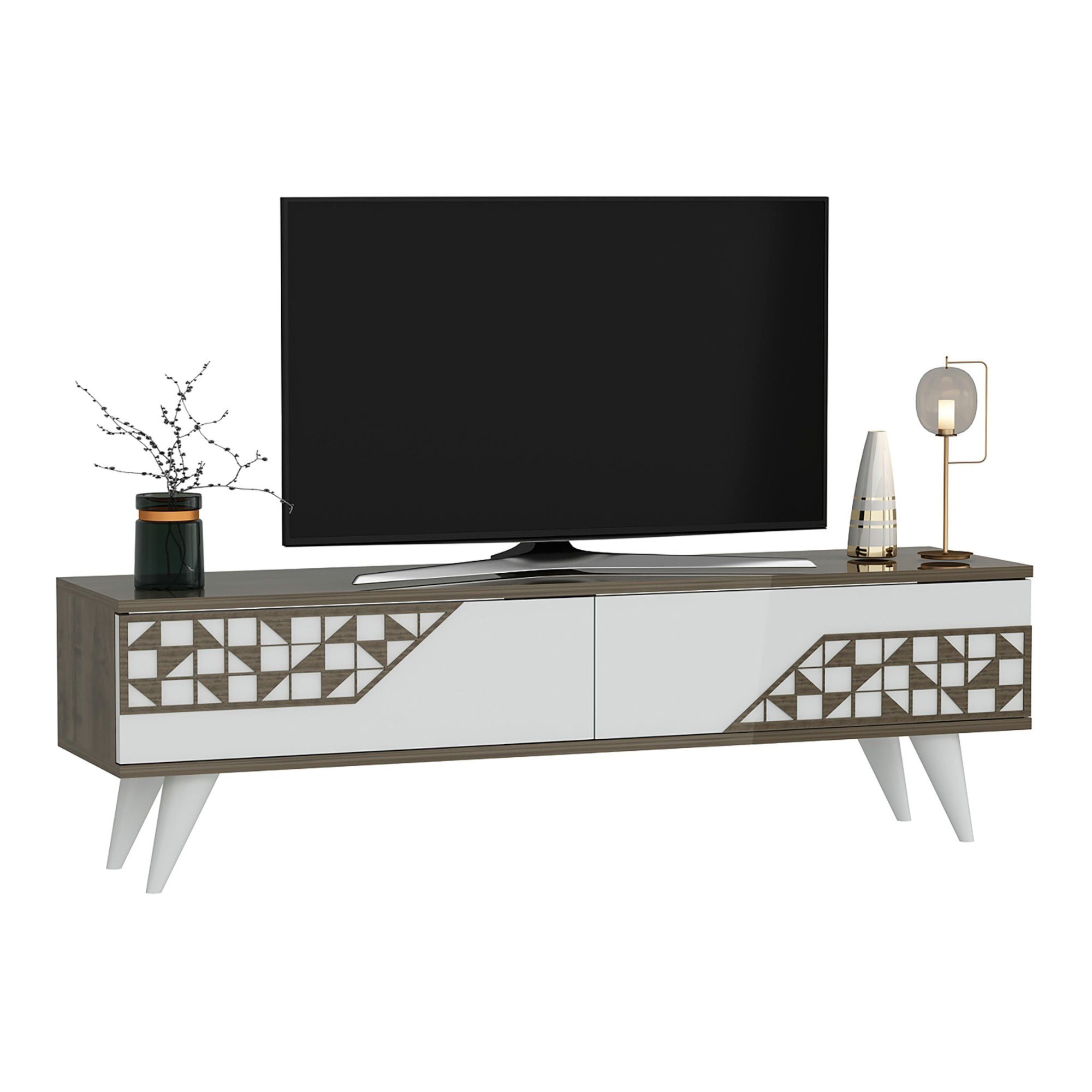 Schranktüren en.casa Örkelljunga 40x120x30cm TV-Schrank Weiß/Walnuss 2 Lowboard