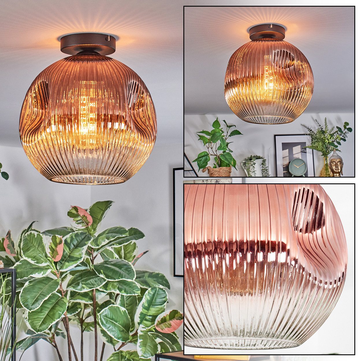 hofstein Deckenleuchte Deckenlampe aus Metall/Riffelglas in Schwarz/Kupferfarben/Klar, Deckenleuchte im modernen Vintage-Design (Schirm Ø 30 cm), 1 x E27