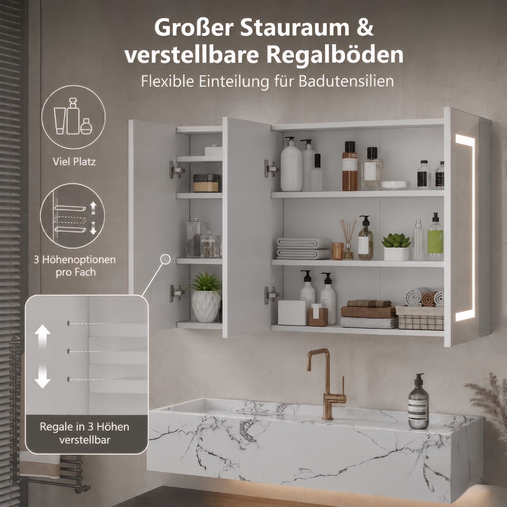 Simurq Spiegelschrank Badezimmerspiegelschrank 3 türig Hängeschrank mit LED Beleuchtung (3 Farbtemperaturen Dimmbar) Badspiegelschrank 100 x 13,5 x 60 cm mit St – Bild 5 von 5