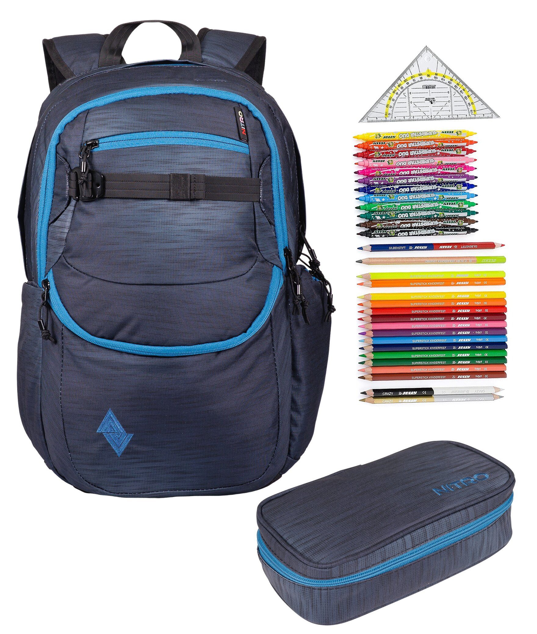 NITRO Schulrucksack NITRO Schulrucksack Jungen Mädchen Future Hero Rucksack (3 Teile Set, inkl. Mäppchen Box, inkl. Mäppchen Füllung 31 Teile), Schulmappe Laptopfach 2 Hauptfächer Daypack Auswahl rmv