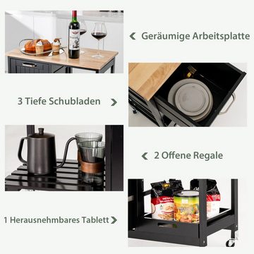 COSTWAY Küchenwagen, mit Tablett, 3 Schubladen, rollbar, 67x37x82,5cm