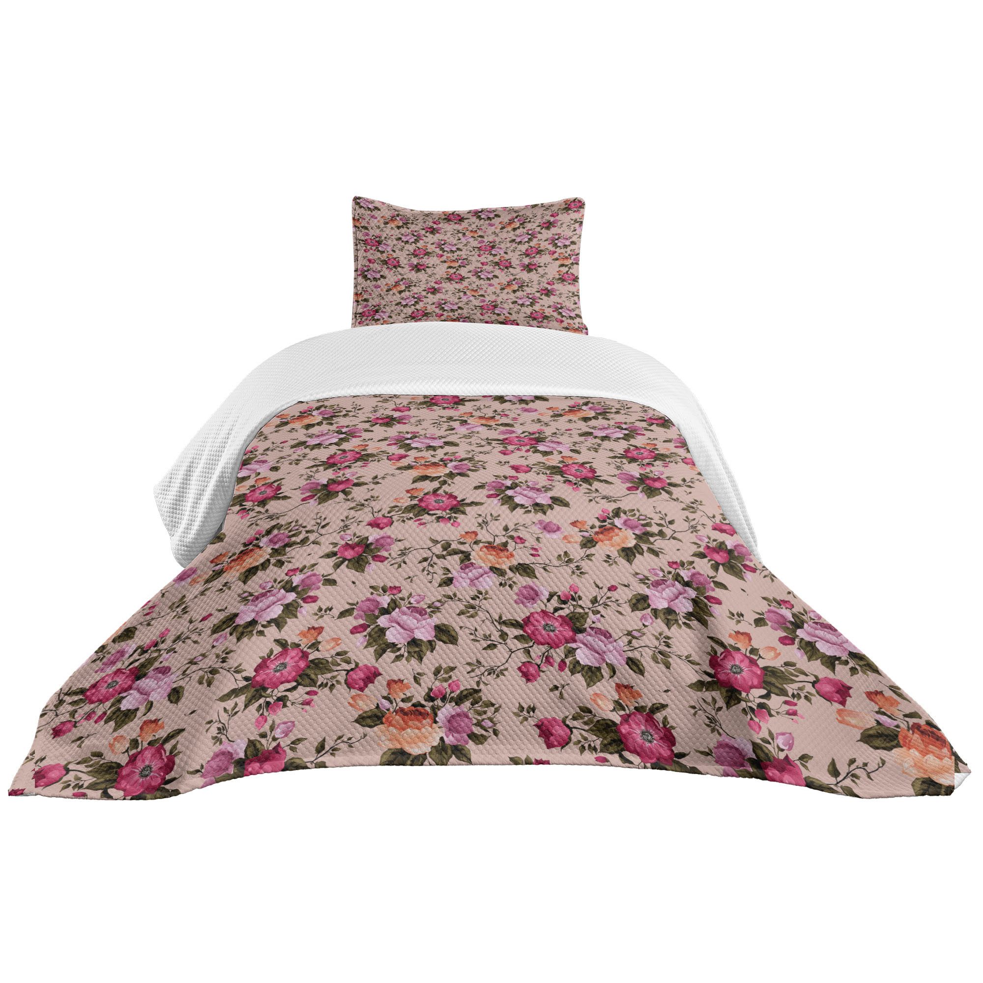 Abakuhaus Tagesdecke Set mit Подушкиbezügen Waschbar, Blume Blumenmuster mit Rose