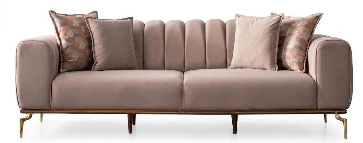 JVmoebel 3-Sitzer Luxus 3-Sitzer Sofa Samtbezug Beige Elegante Polsterung Goldene Füße, 1 Teile