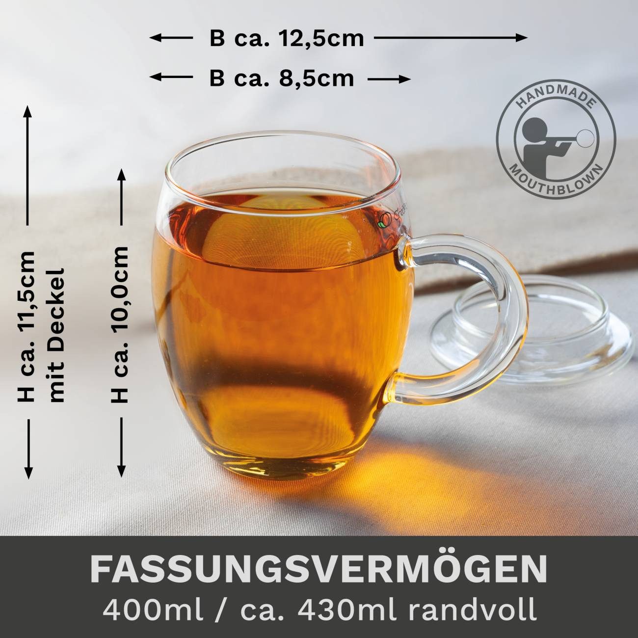Creano Teeglas 2er-Set "All in One" TeeGläser mit Glasfilter und Deckel, 400ml, Borosilikatglas, 2 Tassen mit Untertassen – Bild 4 von 5