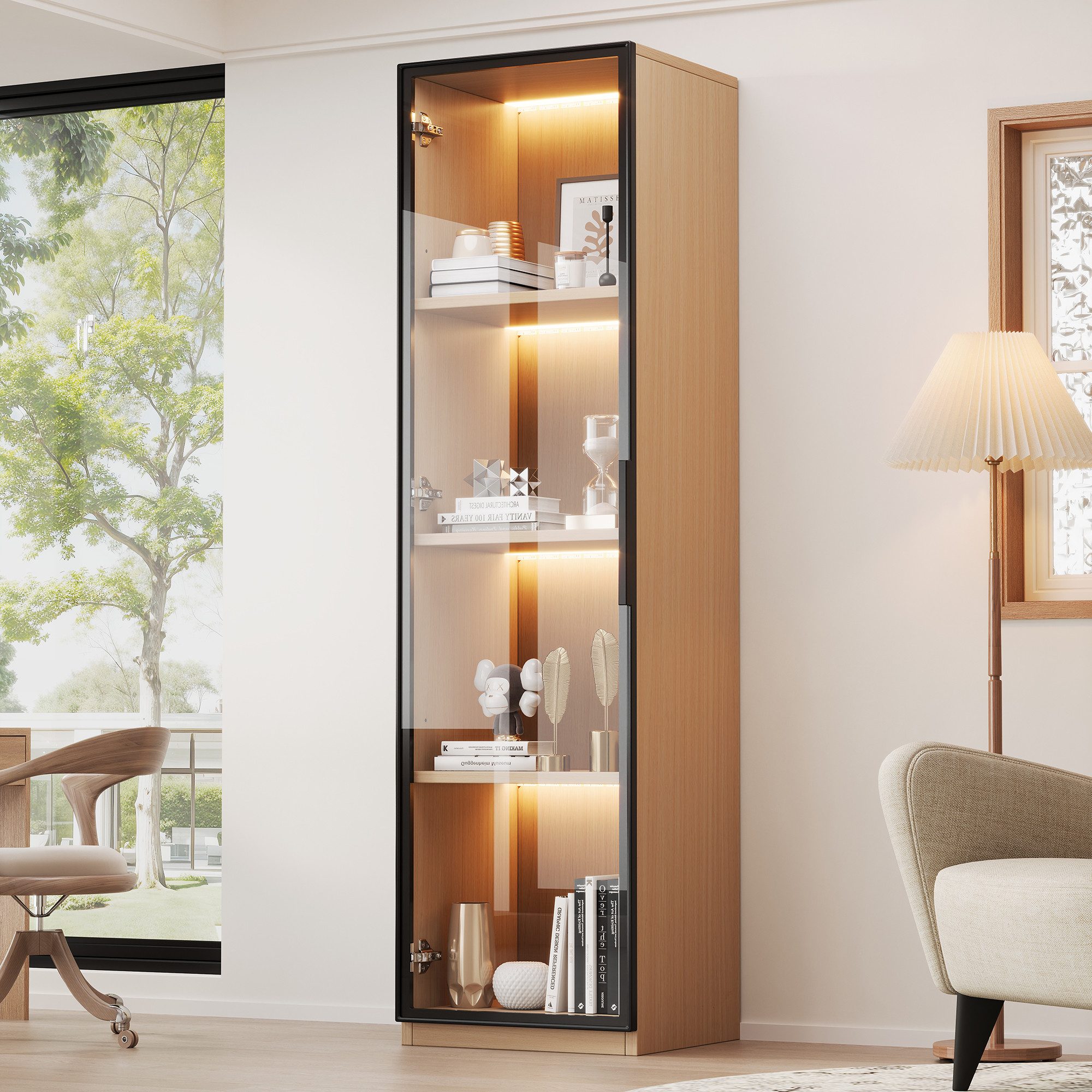 Fine Life Pro Standvitrine Vitrinenschrank 40×40×165 cm – Eichenoptik mit LED & Soft-Close