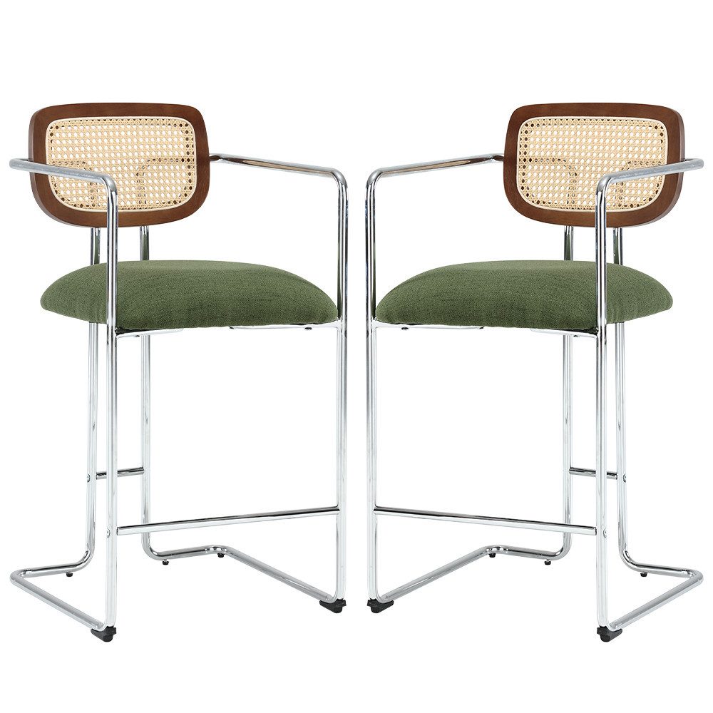 WAHSON OFFICE CHAIRS Barhocker 2er Set Rattan Küchenhocker mit Lehne Sitzfläche aus Teddystoff