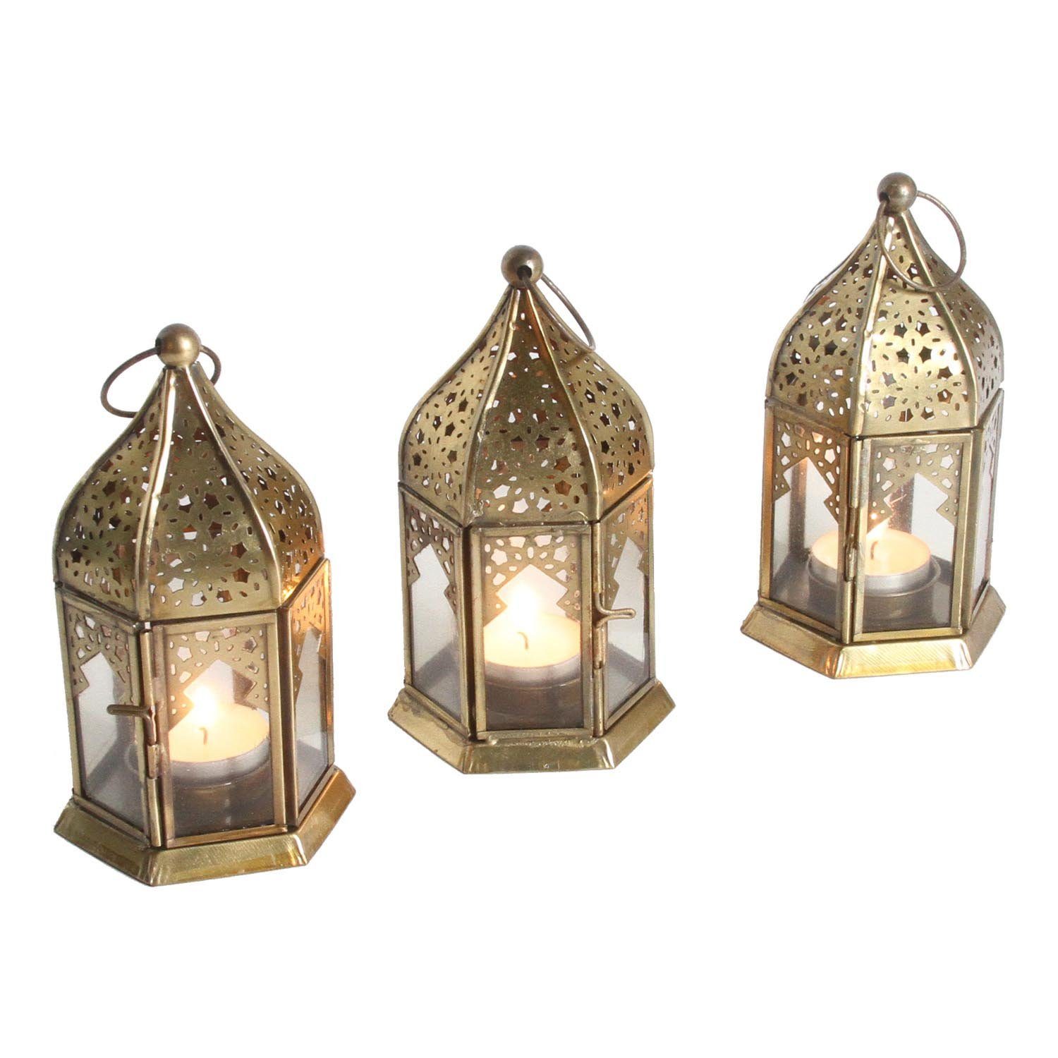 Casa Moro Teelichthalter Orientalische Glas-Windlichter Nael Transparent in Antik Gold Look (schöne Weihnachtsdeko originelle Geschenk-Idee, Vintage kleine Laternen für Teelicht 3er Set), aus Metall und Glas WDL1060