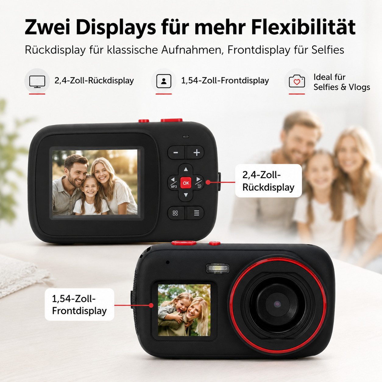Tekoo Kinderkamera Dual Display, 72MP Digitalkamera mit 32GB SD Karte Kompaktkamera (AF-Objektiv, 72 MP, 1x opt. Zoom, inkl. Inklusive 32GB Micro-SD Speicherkarte, Kartenlesegerät, USB-Kabel, MP3-Player-Funktion, Selfie-Display auf der Vorderseite)