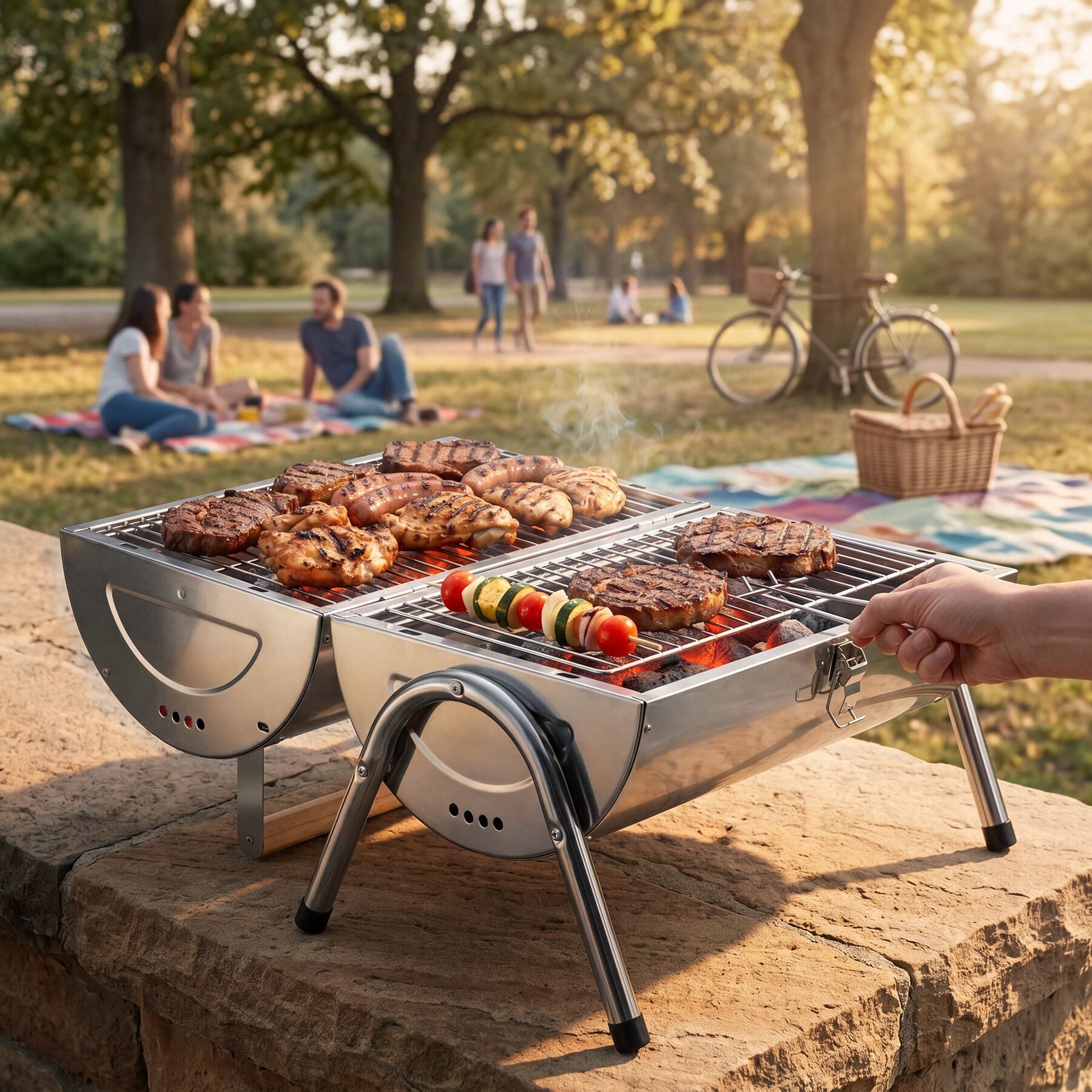 tectake Holzkohlegrill Wetterfester Grill aus Edelstahl mit Doppel-Grillfläche, Kohlewannen, Outdoorgrill, in Schwarz, Inkl. 2 Grillrostheber, schnelle Montage, geringes Gewicht