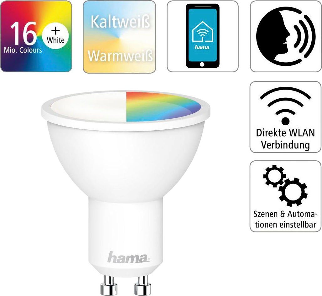 LED,dimmbar, LED-Leuchtmittel RGBW, Sprach-/App-Steuerung GU10, WLAN-LED-Lampe,GU10, Farbwechsler 5,5W, Hama für