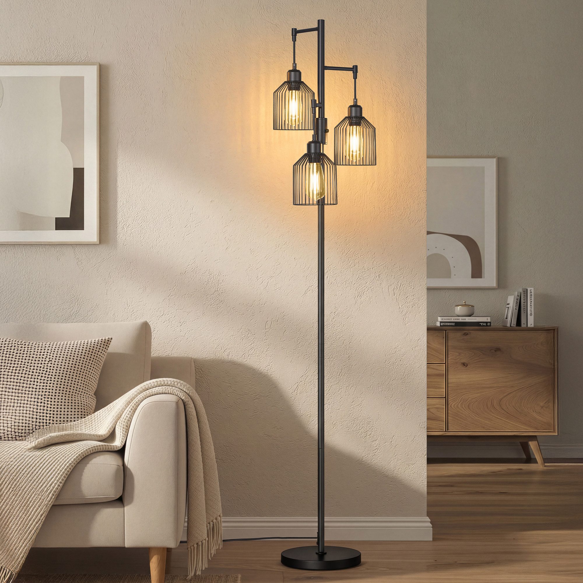 VASAGLE Stehlampe Standleuchte, 3-flammige Stehleuchte, Helligkeit einstellbar, Metallschirm, 3 E27-Fassungen, modern