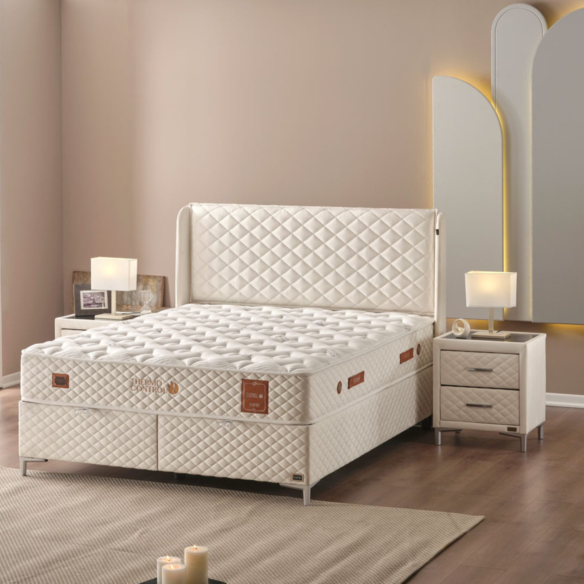 Bambi Boxspringbett mit Matratze mit Topper Polsterbett Stauraumbett Thermo Control (2 Bettkästen, 1 Matratze, Kopfteil)