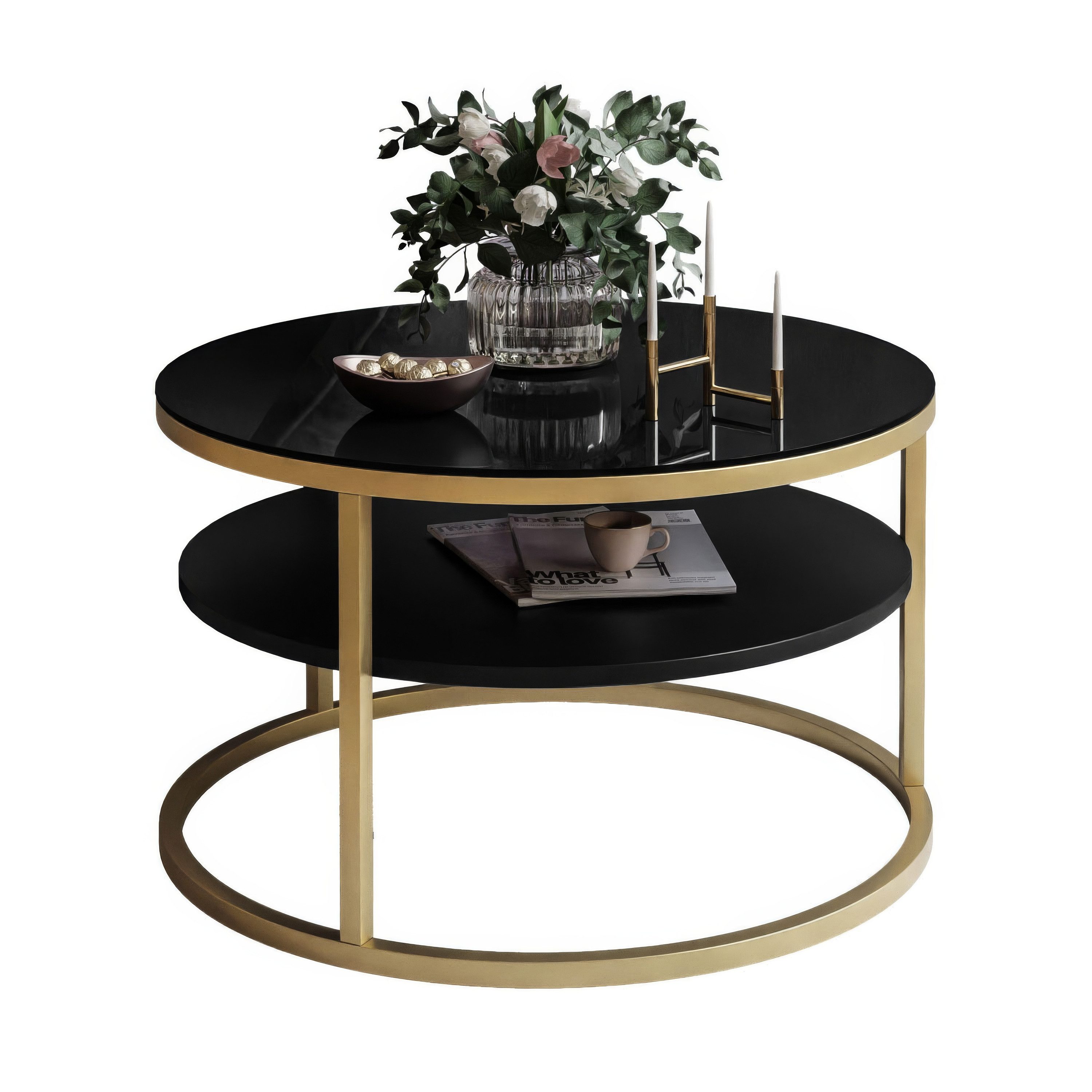 Lookway Couchtisch CIRI GLASS 60 mit goldmattem Gestell und Ablage (1 Tische), Durchmesser: ⌀ 60 cm