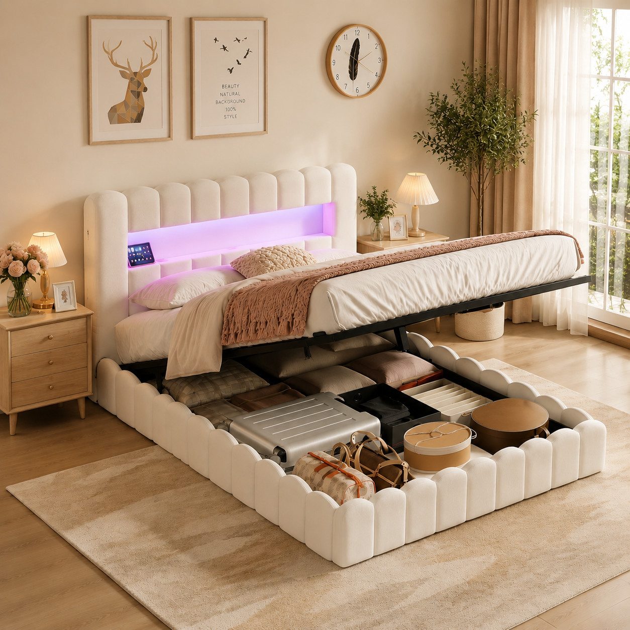 Simurq Polsterbett 160x200cm Grau LED USB Bettkasten Leinen (USB-Ladeanschluss), LED,USB,Bettkasten,Leinen,Beige,Lattenrost