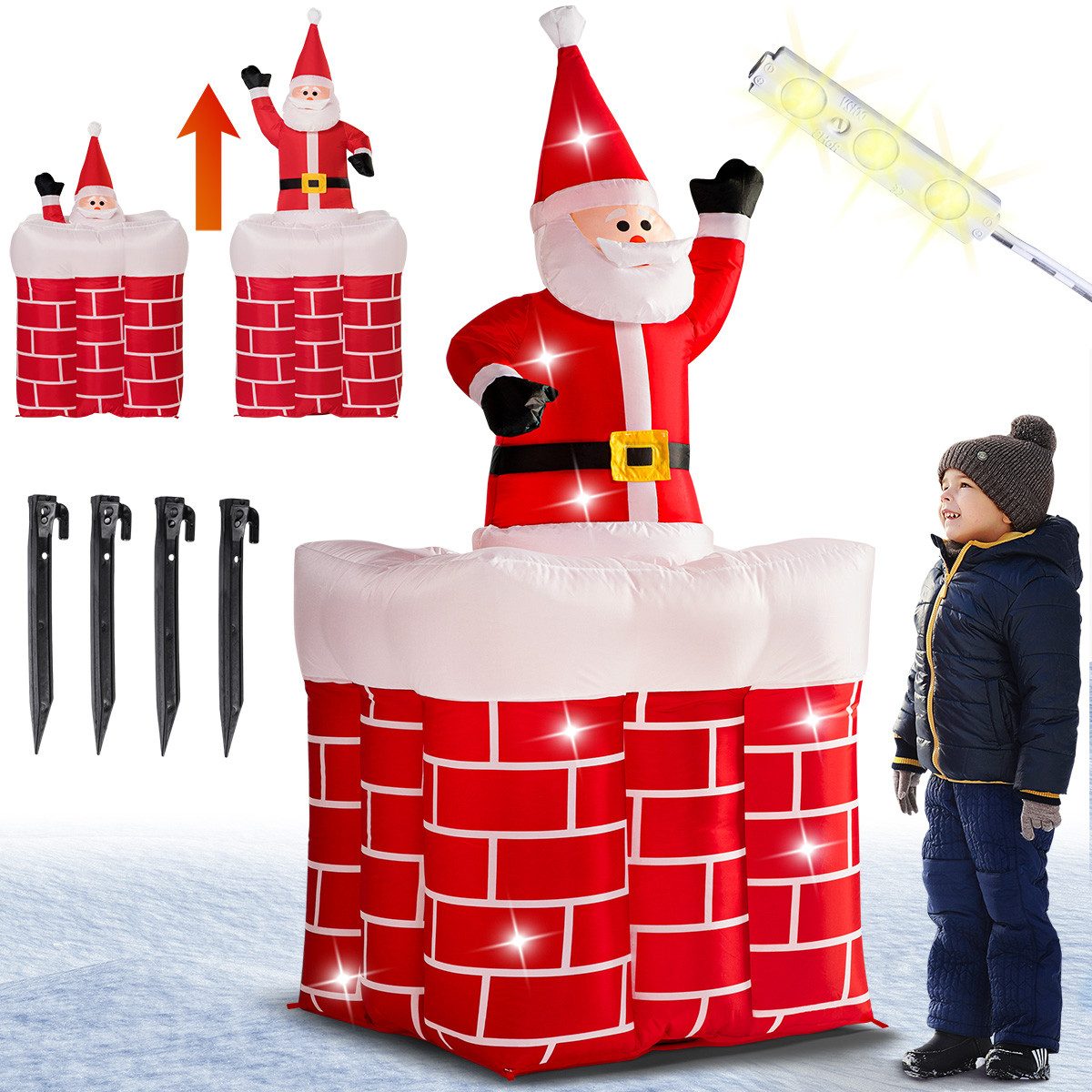 monzana Weihnachtsmann, Aufblasbarer 178cm groß LED Beleuchtet springt-aus-dem-Schornstein