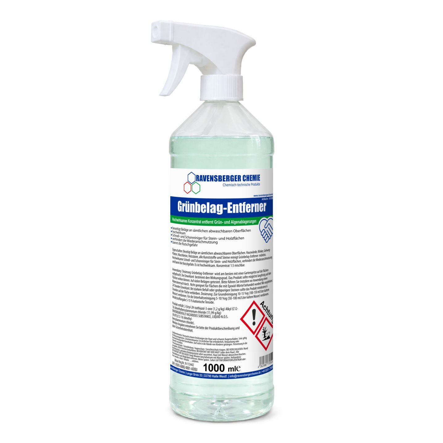Ravensberger Chemie Grünbelag-Entferner Konzentrat Grünbelagentferner (1 Liter Flasche inkl. Pumpsprühkopf - Ergiebiges Konzentrat - Gegen Algen & Grünbelag außen)