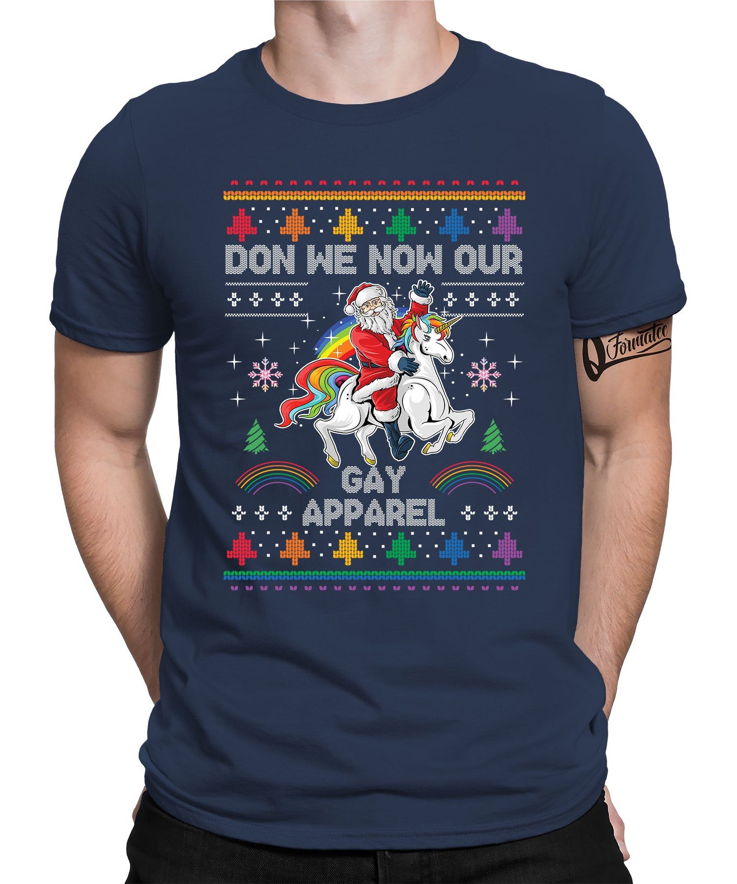 Quattro Formatee Kurzarmshirt Weihnachtsmann Einhorn LGBT Regenbogen - Weihnachten X-mas Weihnachtsg (1-tlg) Navy Blau