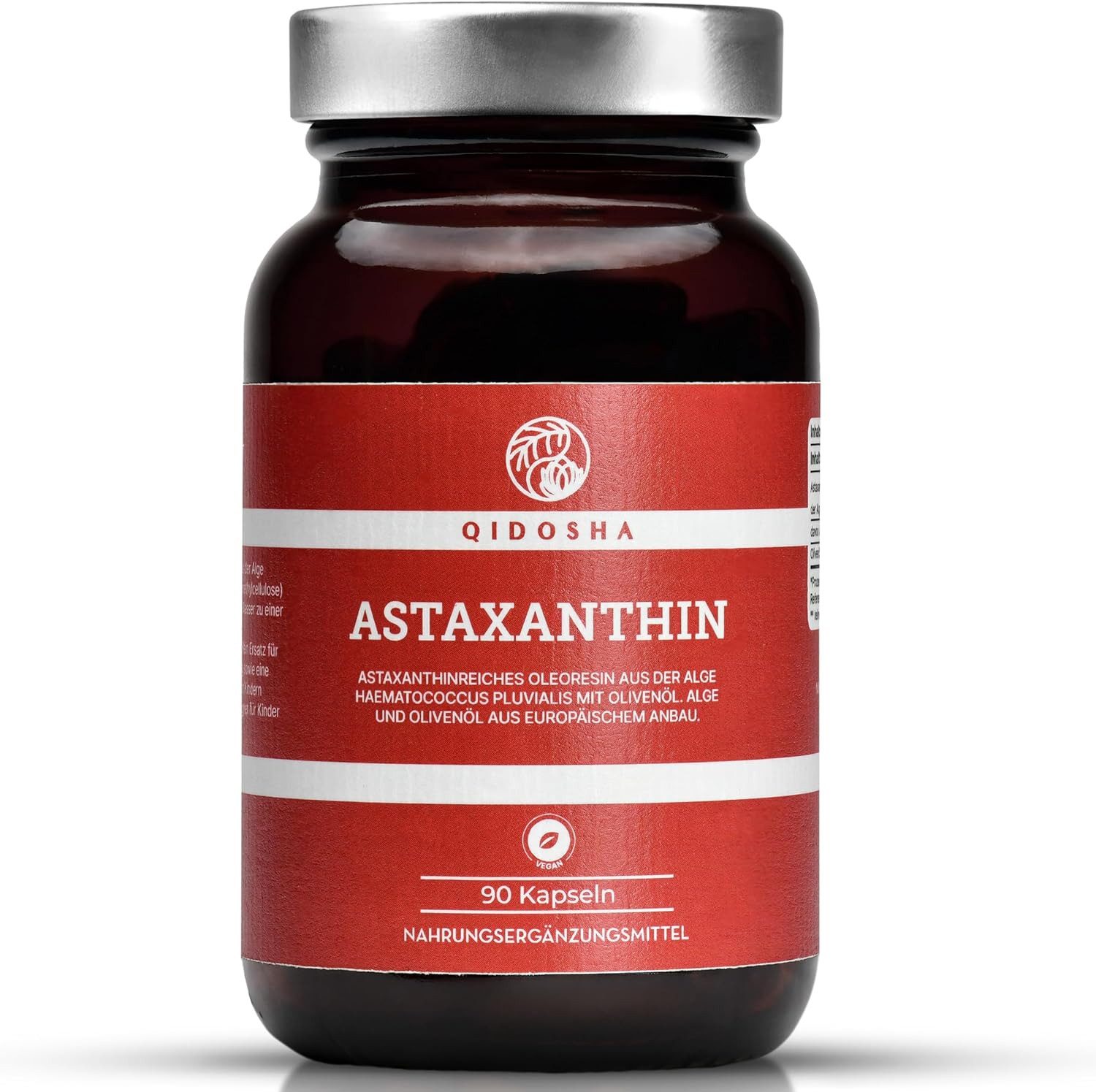 QIDOSHA Astaxanthin & Olivenöl Kapseln, 12mg Astaxanthin hochdosiert je Kapsel, flüssiges Astaxanthin hochdosiert aus portugiesischer Algenzucht - aus europäischem Anbau im Glas à 90 St., 54 g
