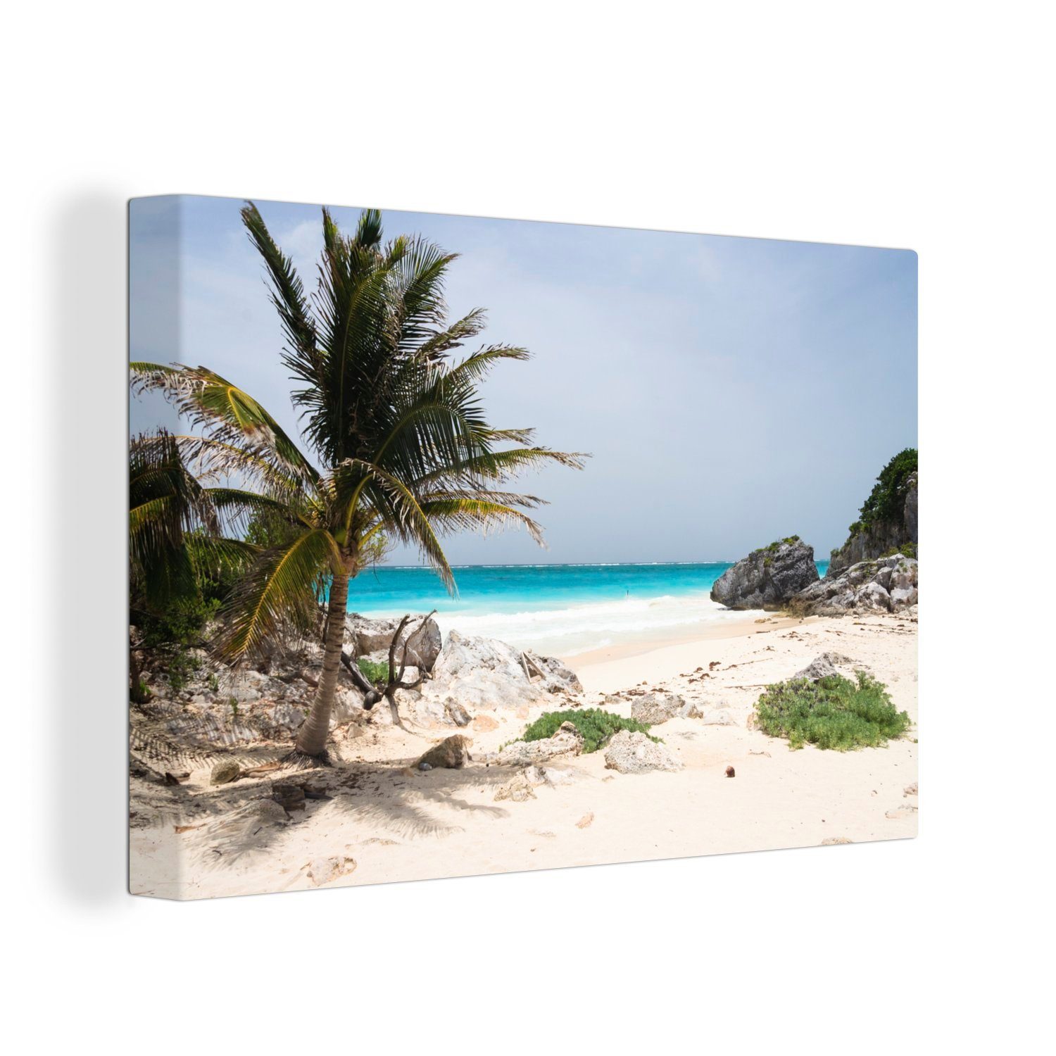OneMillionCanvasses® Leinwandbild Ein weißer Sandstrand mit Palmen im Tulum-Nationalpark in Mexiko, (1 St), Wandbild Leinwandbilder, Aufhängefertig, Wanddeko, 30x20 cm