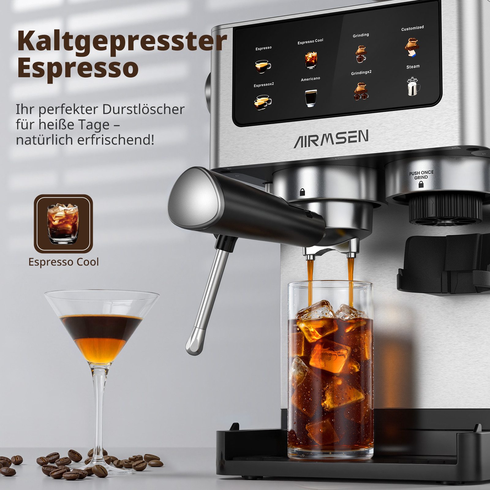 Airmsen Espressomaschine mit integrierter Mahlfunktion,20 Bar,Cold Brew, Individuell einstellbare Mahlmenge & Kaffeeausgabe,siebträgermaschine
