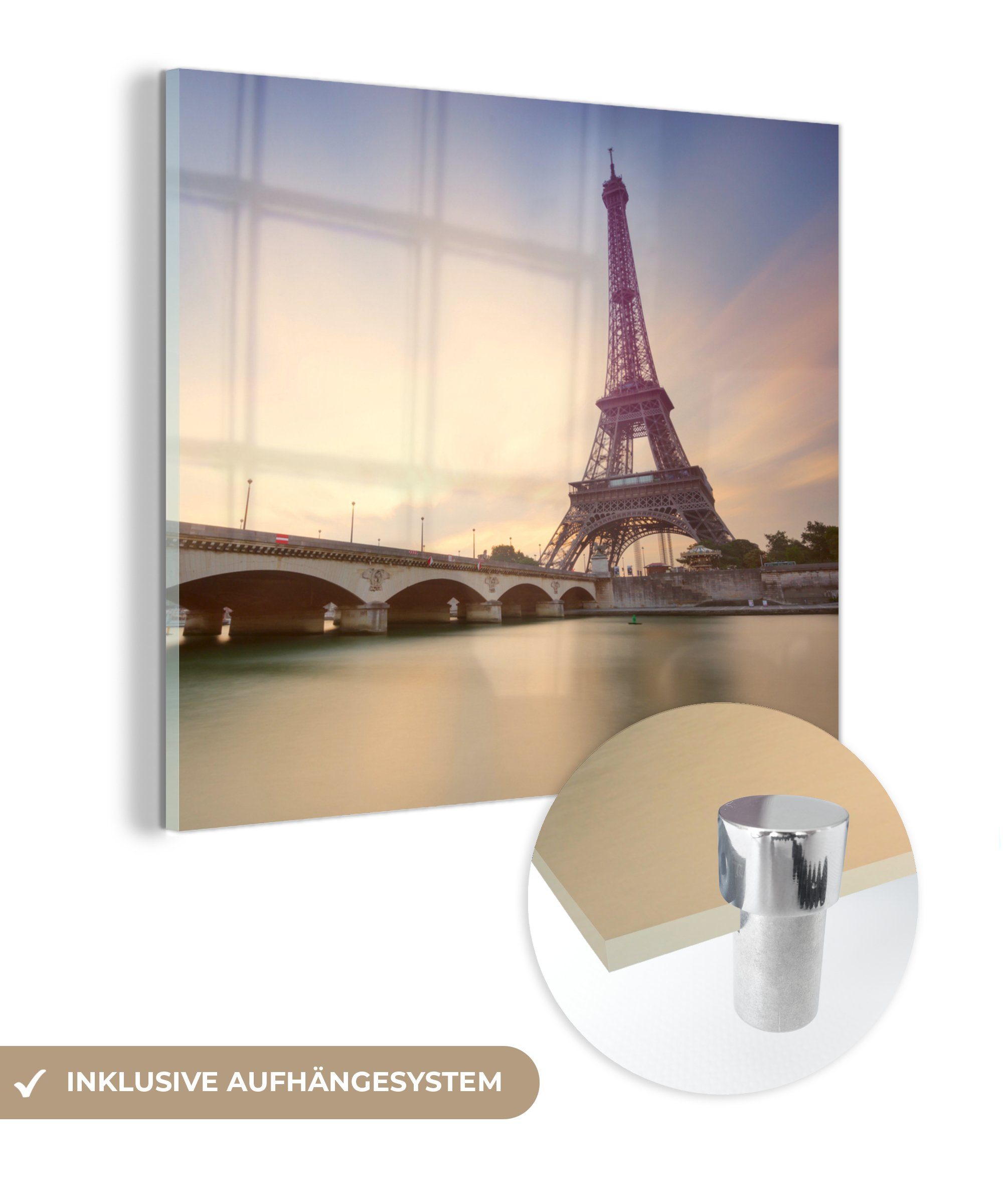 MuchoWow Acrylglasbild Eiffelturm an Wandbild Glas - Uferpromenade, (1 Glas Wanddekoration der - Foto St), auf Glasbilder Bilder auf 