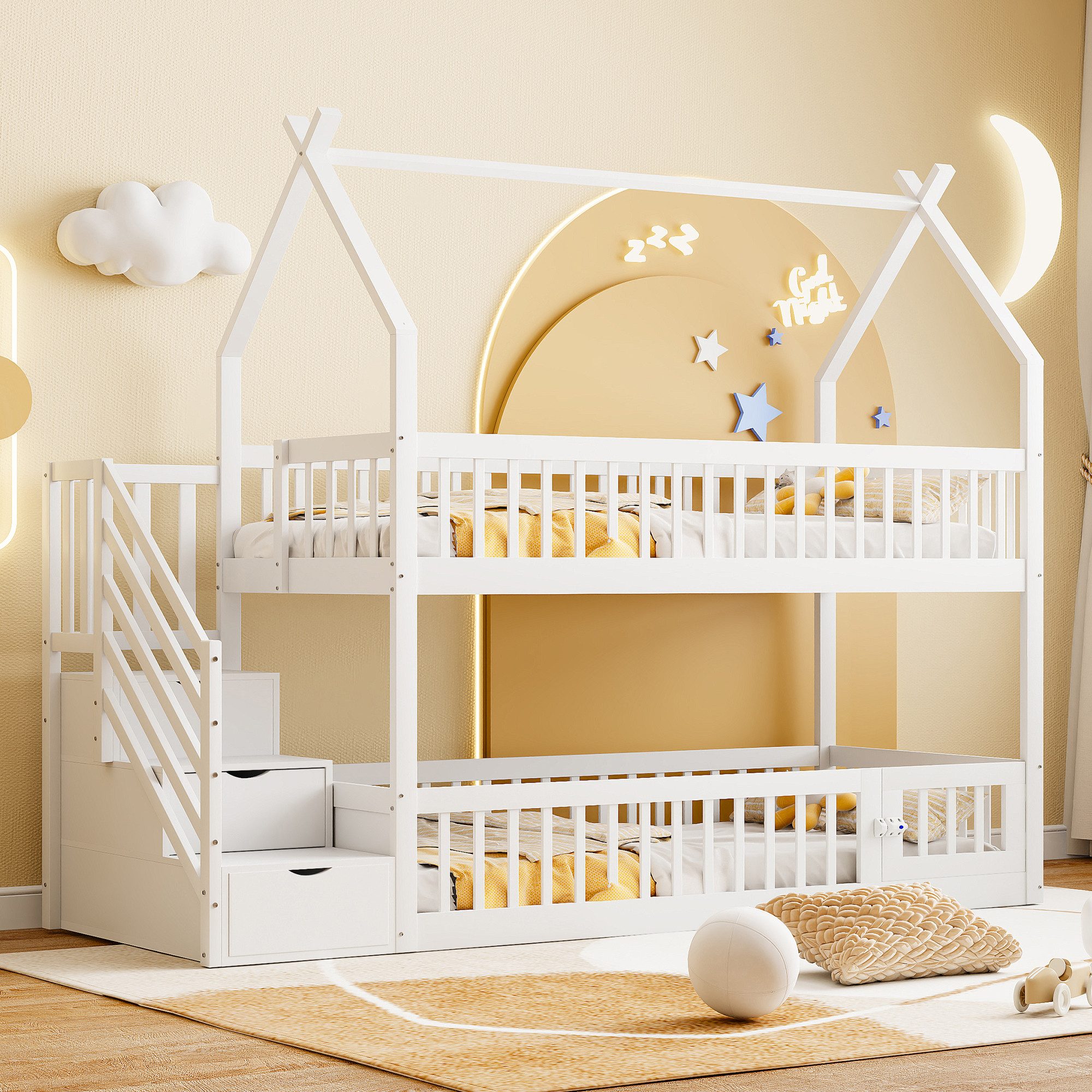 Flieks Etagenbett, Kinderbett Hausbett 90x200cm mit Stauraumtreppe und ober günstig online kaufen